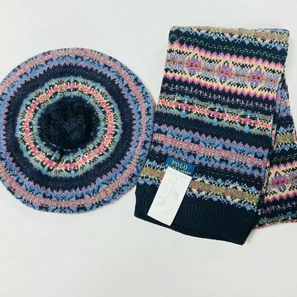 Polo Ralph Lauren Girls Multicolor Stretch Beret Hat And Scarf Set Size 4-5X
